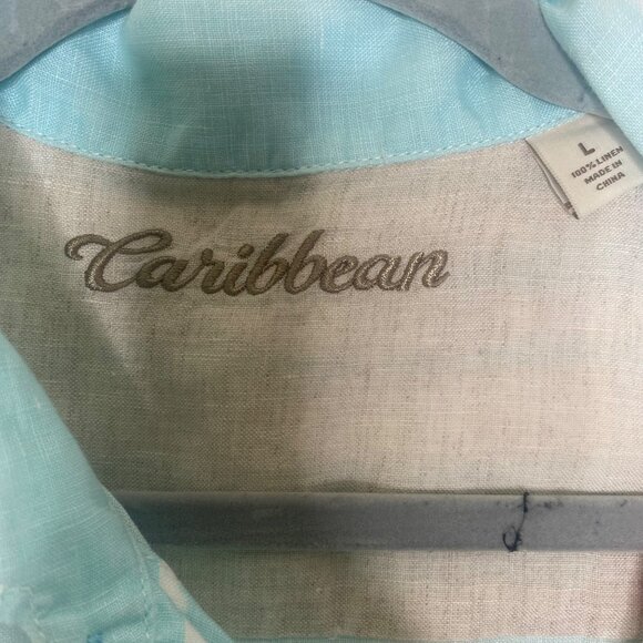 Caribbean 100% Linen Button Up Shirt Mens L Blue Striped Short Sleeve Coastal Re - Picture 2 of 9